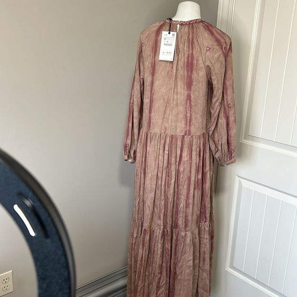 ZARA Embroidered Beaded Tie Dye Dusky Pink Boho Maxi Tiered Dress Sz M NEW - Picture 10 of 15